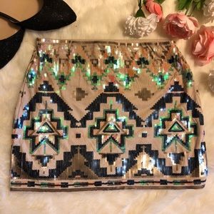 Express Sequin Tribal Pattern Mini Skirt